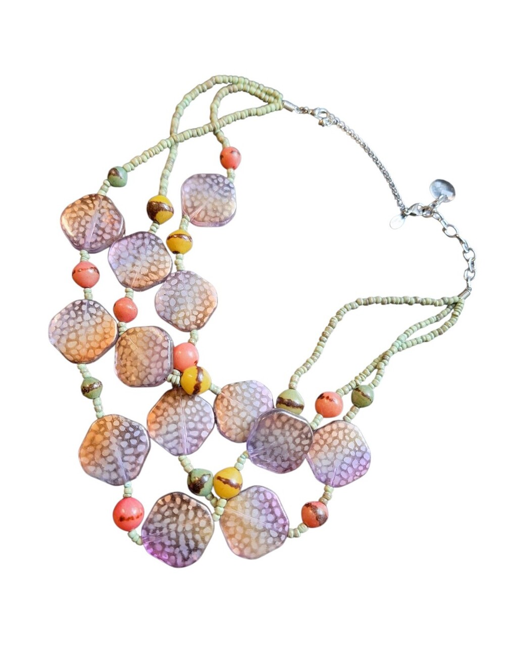 Lia Sophia Triple Strand Beaded Statement Necklace Green & Lavender Bohemian